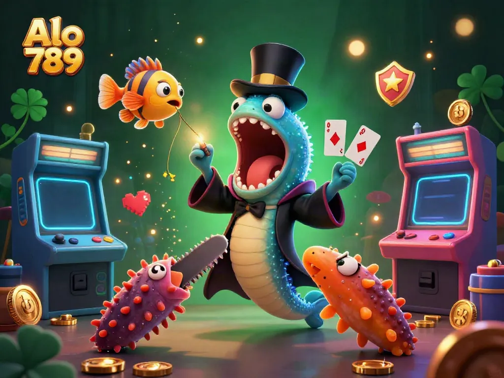 Engage with Alo 789’s magical gaming experience featuring colorful deep-sea characters performing tricks around vibrant casino elements.
