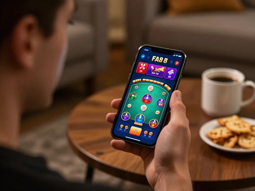 Player analyzing FA8 8 gaming app on smartphone during casual home gaming session.