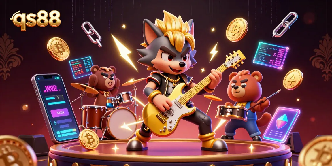 Experience the electrifying energy of qs88, featuring a vibrant casino scene with cartoon characters and crypto elements.