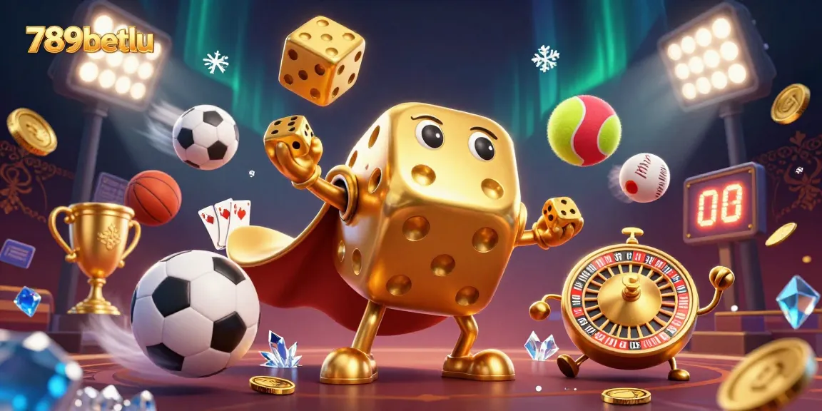 Engage with thrilling action at 789betlu's casino, featuring a dynamic scene with golden dice and sports elements.
