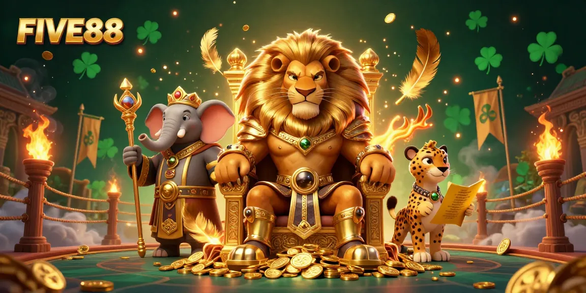 Experience the excitement of FIVE88 with a vibrant 3D digital casino scene featuring a lion king, elephant advisor, and cheetah messenger.