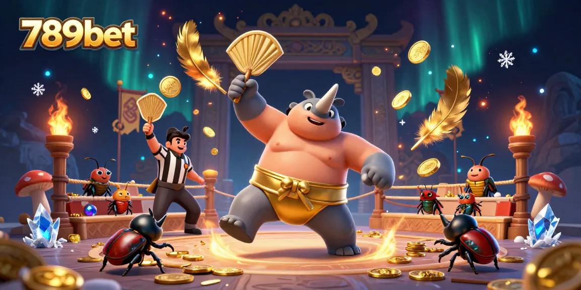 Experience thrilling action at 789bet with a sumo beetle champion amidst a vibrant gambling arena.