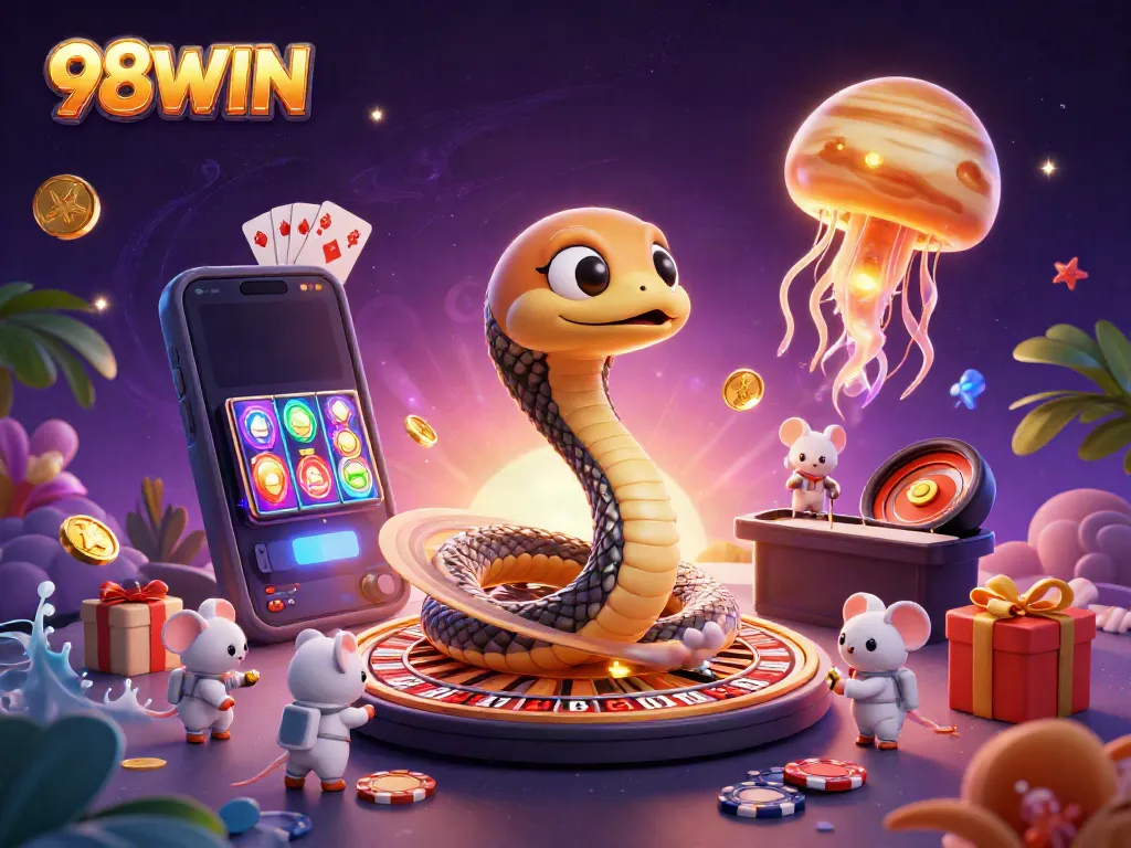 Experience high-stakes gambling fun with 98WIN's cosmic-themed casino illustration featuring unique characters.