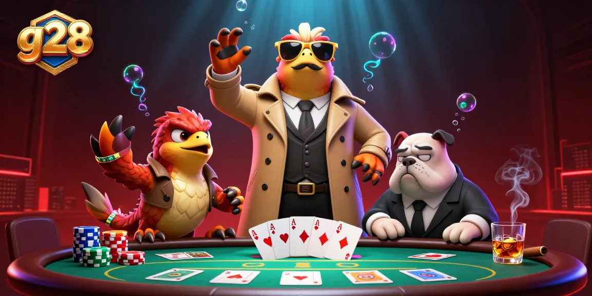 G28 raptors in a trench coat play poker in a vibrant casino scene.