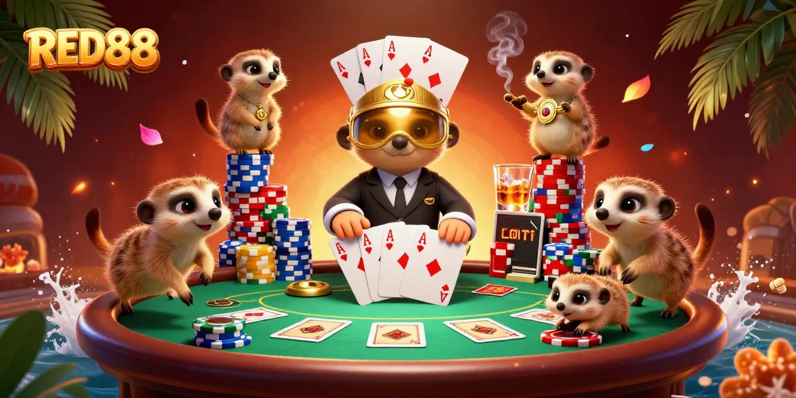 Experience the excitement at RED88 casino with meerkats managing an animated poker game.