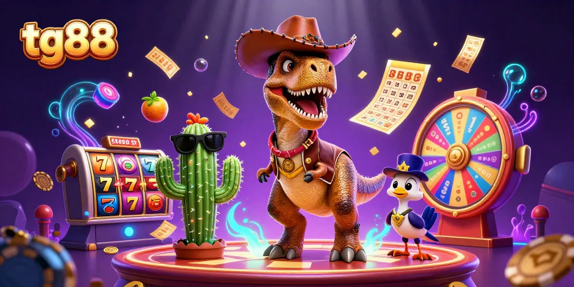 Experience tg88 with thrilling slot reels and a 3D cartoon cowboy dinosaur, in a vibrant casino adventure.