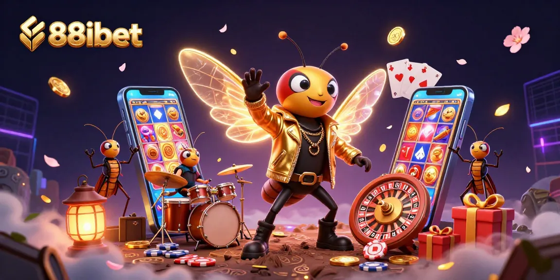 Engage with 88ibet as the vibrant characters celebrate winning with slot games, coins, and cards.
