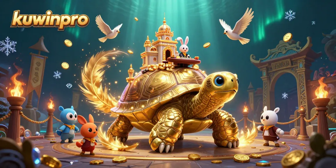 Experience thrilling wagers with kuwinpro's vibrant casino scene featuring a tortoise palace and coin-laden chaos.