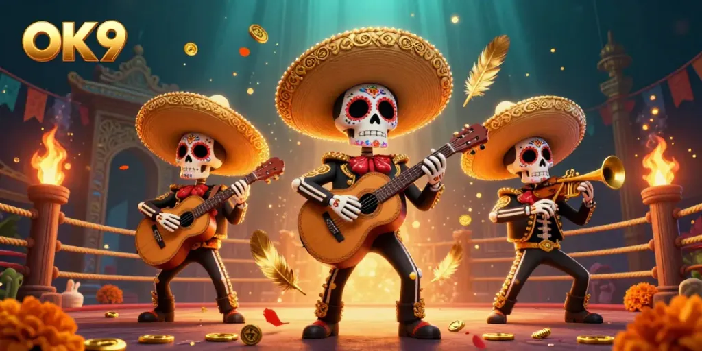 Engage with OK9's captivating action in a vibrant casino scene featuring Day of the Dead characters and thematic elements.