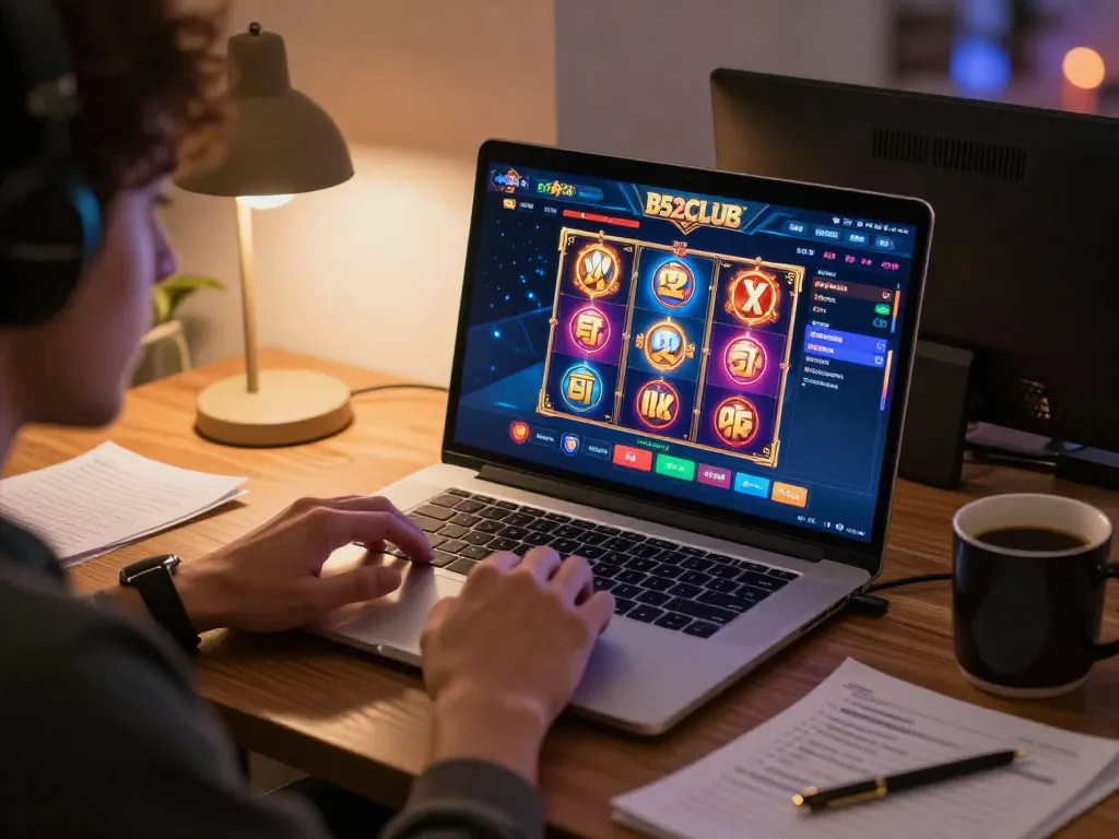Player engaging with the B52 casino app on their laptop, showcasing strategic gameplay.