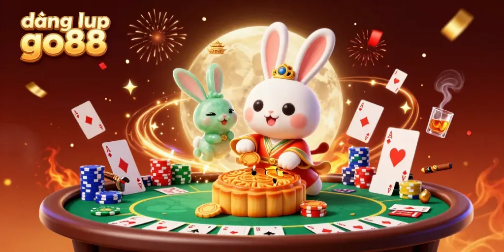 Experience exciting gameplay through đăng nhập go88 with vibrant visuals of a moon rabbit theme and poker elements.