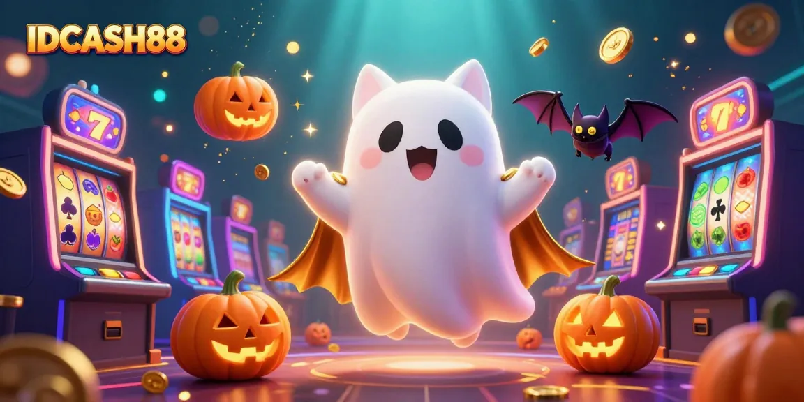Experience the thrill at IDCASH88 with a ghost cat and bat in this animated casino scene.