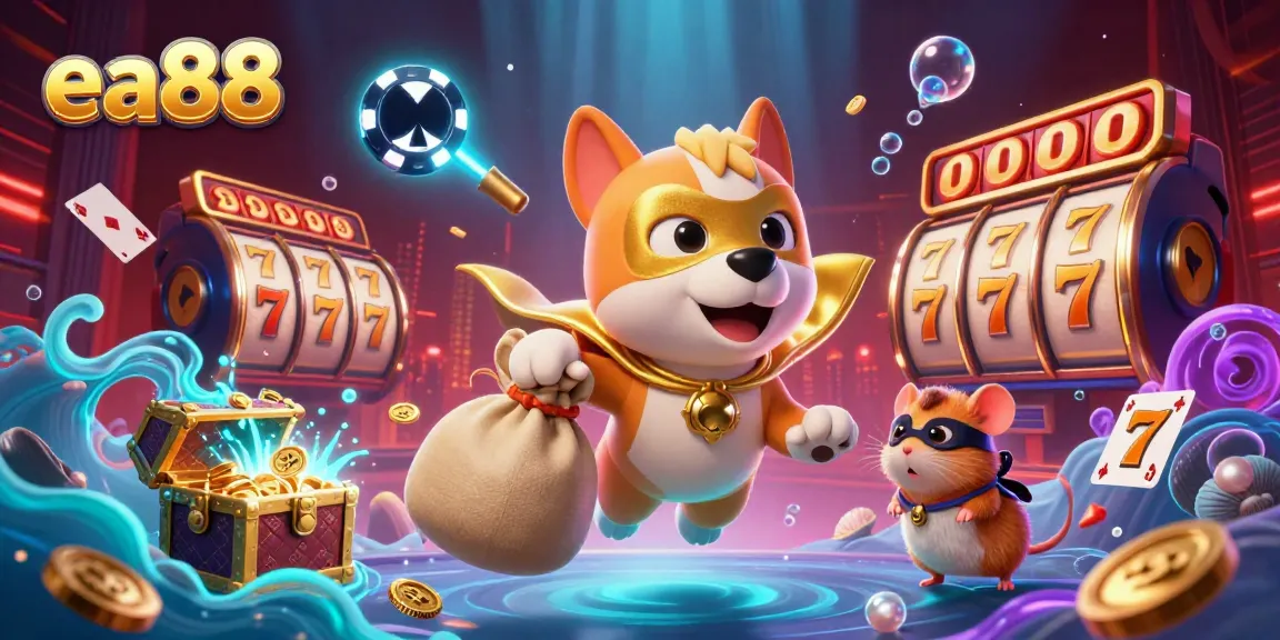 ea88 offers an exciting experience with a superhero dog and hamster in a vibrant casino scene.