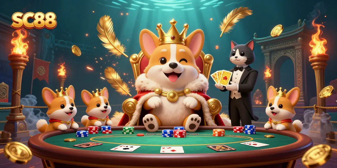 Engage in thrilling SC88 poker gameplay with vibrant corgi characters in an ultra-detailed 3D illustration.