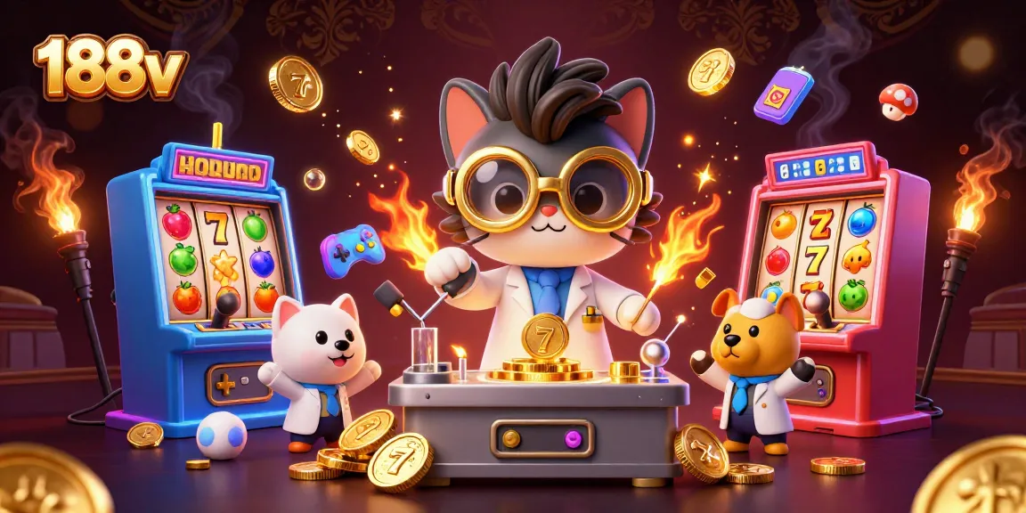 Experience the excitement of 188v with a mad scientist cat and loyal assistant amidst vibrant casino elements.