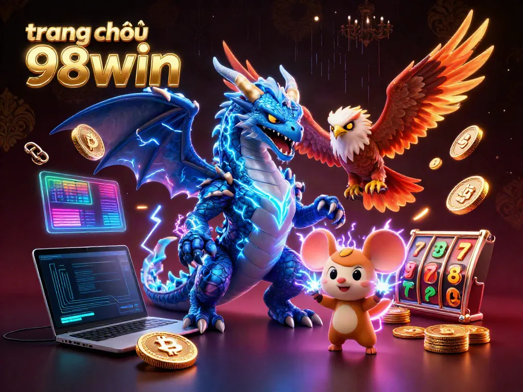 Experience excitement at trang chủ 98win with a vibrant 3D dragon and hawk in a dazzling casino atmosphere.