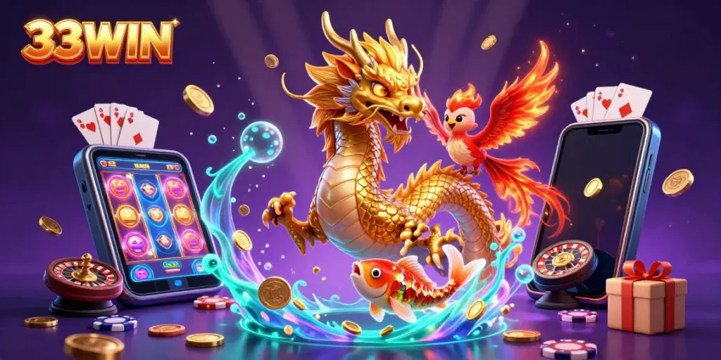 Join the excitement at 33WIN with a fierce dragon, phoenix, and koi fish in a vibrant casino scene.