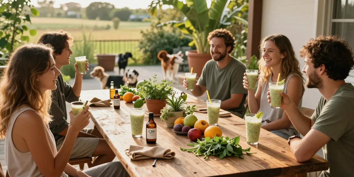 ministry of cannabis CBD oil shared among friends during a vibrant outdoor retreat with fresh herbs and smoothies.