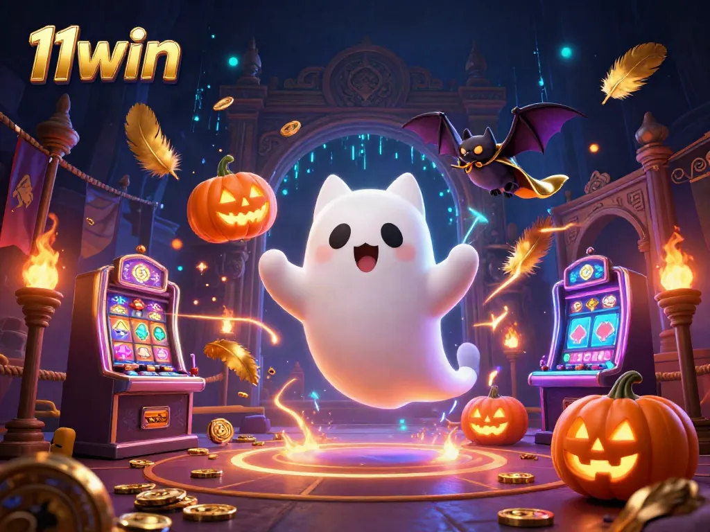 Experience thrilling gameplay at 11win with a lively casino scene featuring a ghost cat and festive elements.