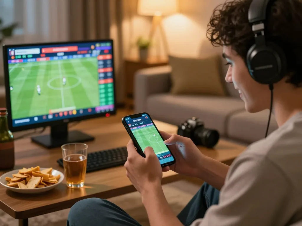 Engage in sports betting action with keonhacai through a smartphone in a cozy living room