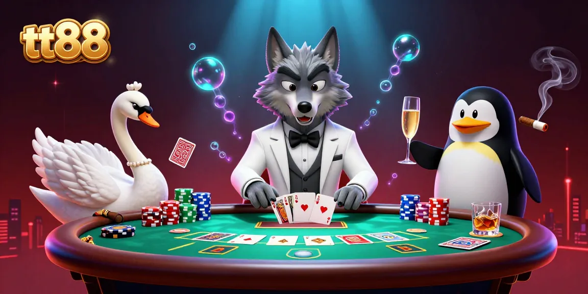 Experience the thrill of tt88 with a debonair wolf and elegant swan dealing cards at a vibrant casino scene.