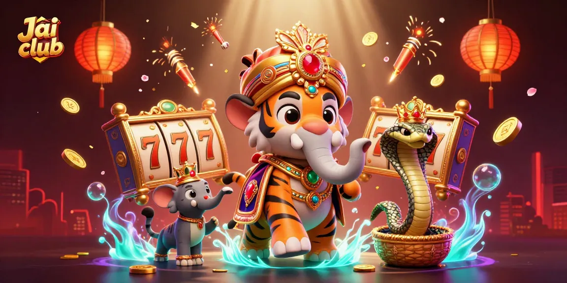 Experience thrilling gameplay with Jai club featuring a majestic tiger, vibrant slot elements, and festive decorations.