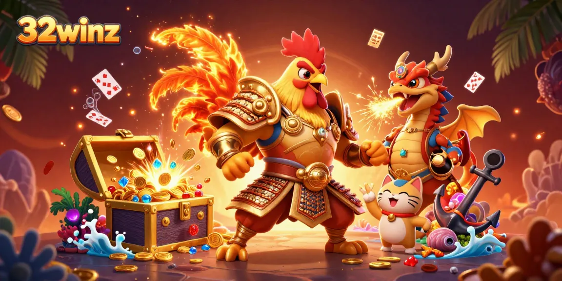 Engage with 32winz in a vibrant illustration featuring a powerful rooster warrior and dragon hatchling.