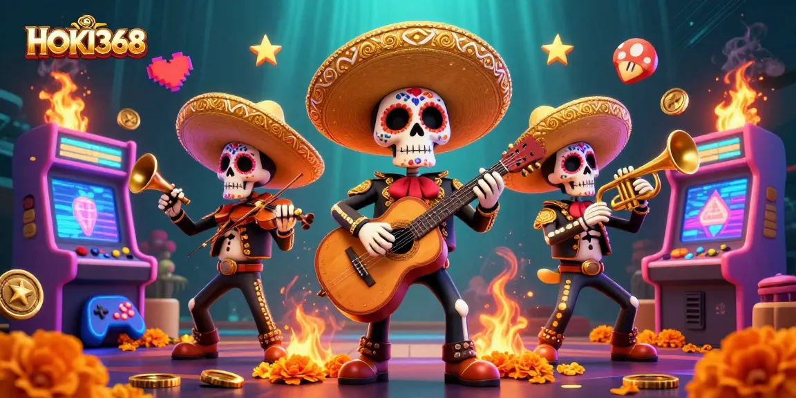 Experience the vibrant world of HOKI368 with a captivating 3D casino illustration featuring a mariachi band and dynamic game elements.