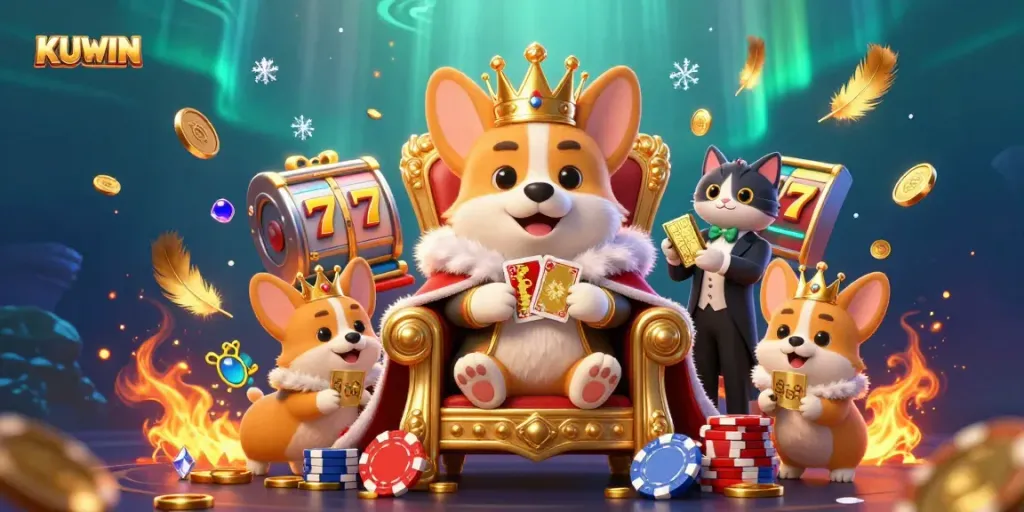 Experience the excitement of KUWIN with corgis and casino elements in this vibrant illustration.
