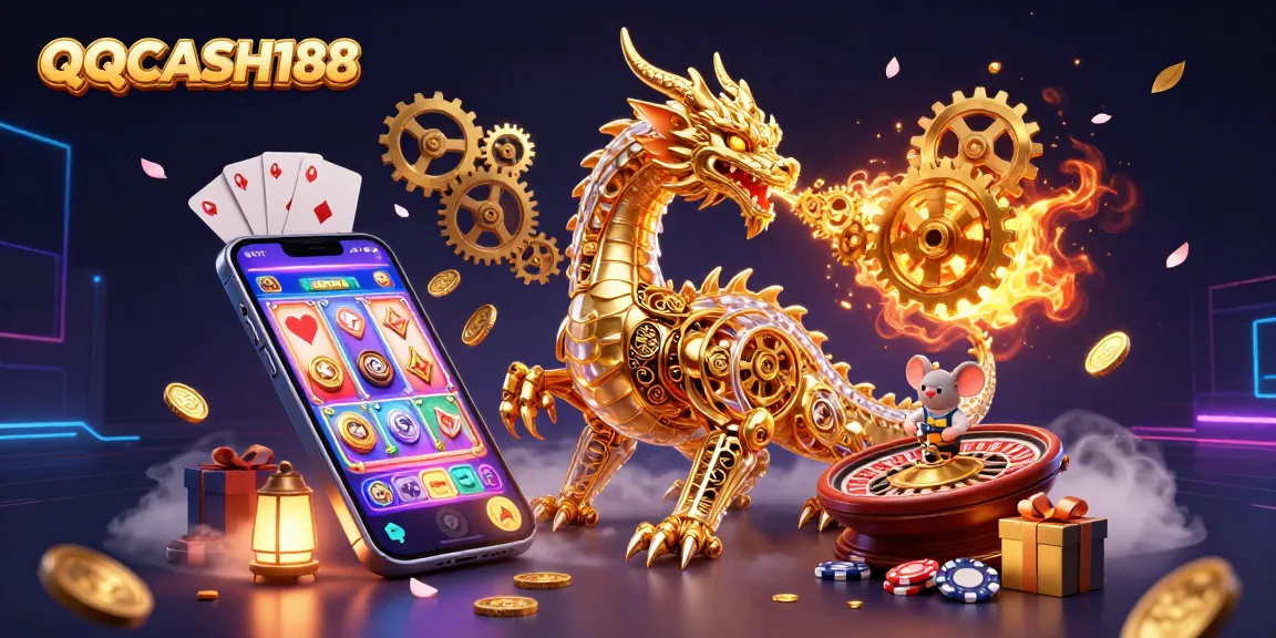 Experience thrilling wins with QQCASH188's vibrant 3D illustration featuring a golden dragon and engaging slot games.
