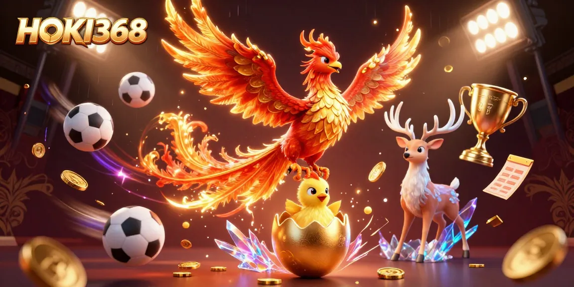Experience HOKI368's thrilling game performance with a vibrant phoenix and sports elements in this dynamic illustration.