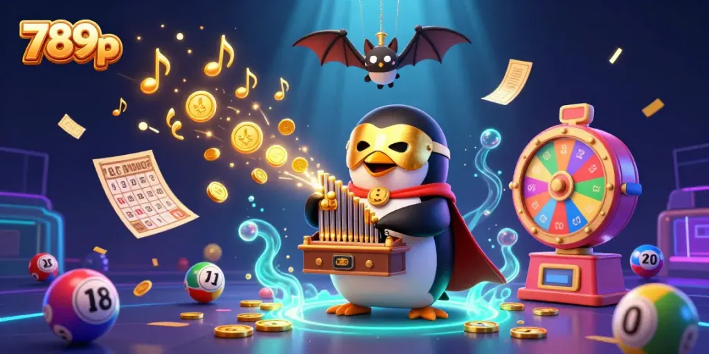 Engage in thrilling gameplay with the 789p penguin as it plays a golden coin-shooting organ amidst a vibrant casino scene.
