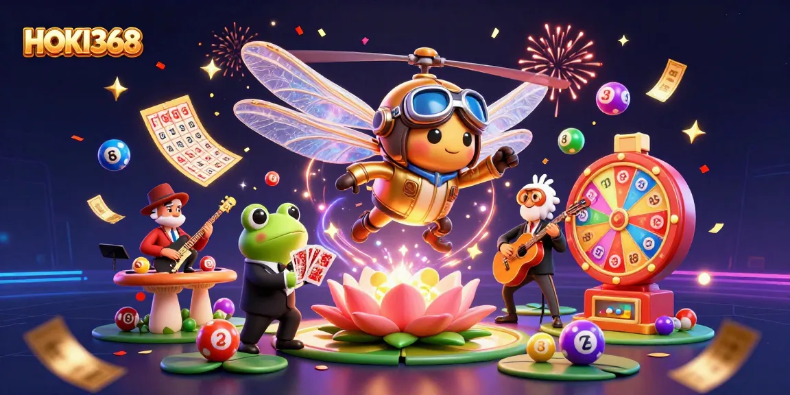 HOKI368 brings excitement with a vibrant casino scene featuring a dragonfly pilot, frog croupier, and lively cricket musicians.