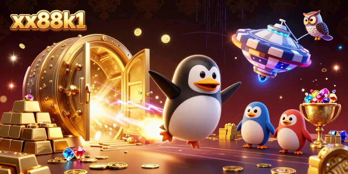 Experience the excitement of xx88k1 with a golden penguin racing toward a vibrant casino in space.