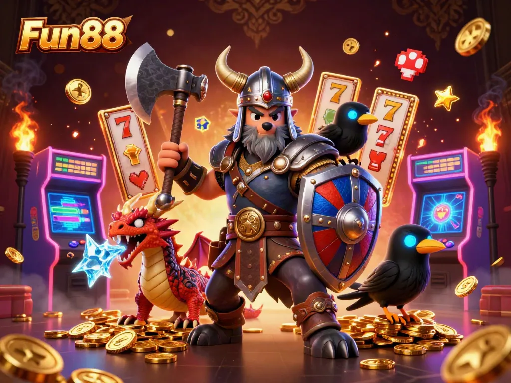 Engage in thrilling Fun88 slots with a Viking warrior, fierce dragon, and glowing casino elements.