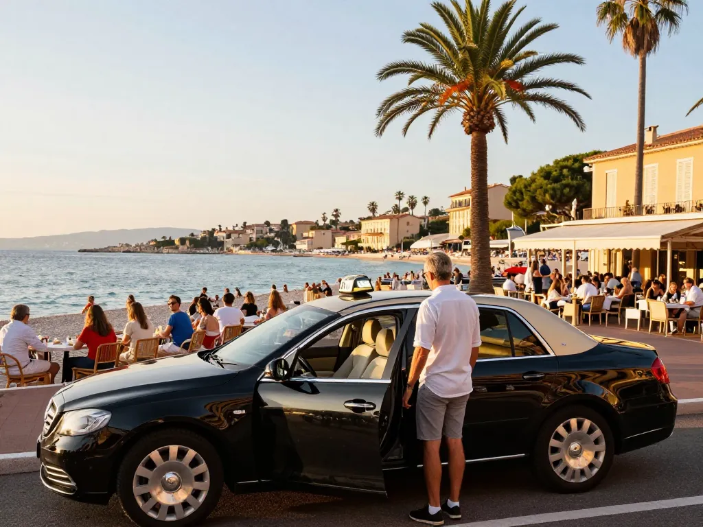 Taxi Saint-Tropez au coucher du soleil, mettant en avant un transport luxueux avec des vues côtières magnifiques