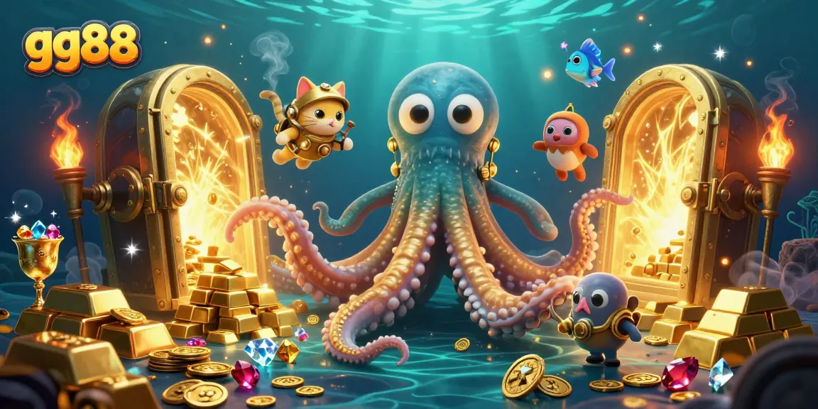 Dive into the treasure of gg88 with a kraken, diving cat, and glowing fish in a vibrant casino scene.