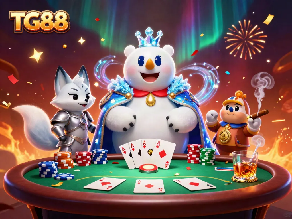 Experience the thrill of poker at TG88 with a vibrant illustration of an ice king polar bear and snow fox amidst a casino scene.