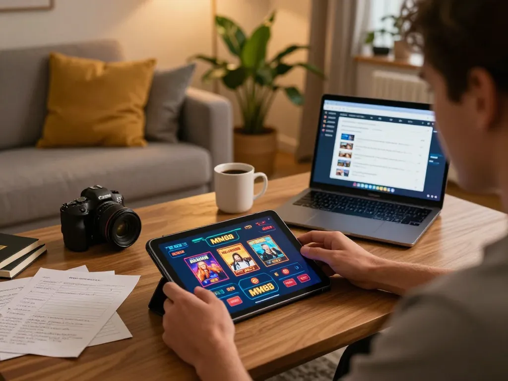 Engaging player experiencing MM88 online gaming excitement on a cozy tablet setup.