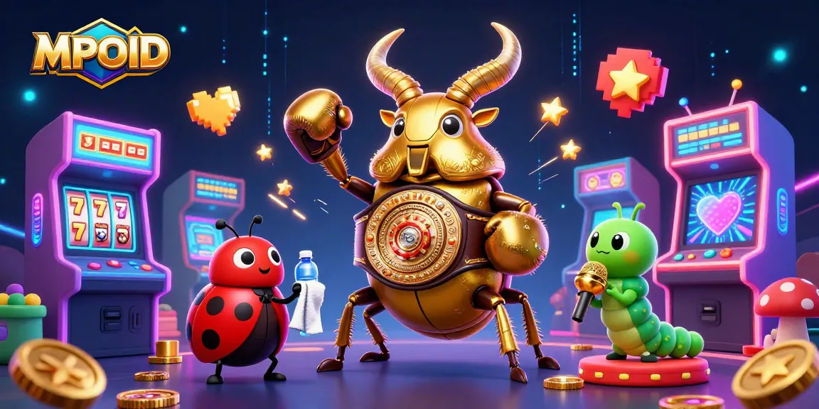 MPOID action scene with a golden stag beetle champion and gaming elements, emphasizing casino excitement.