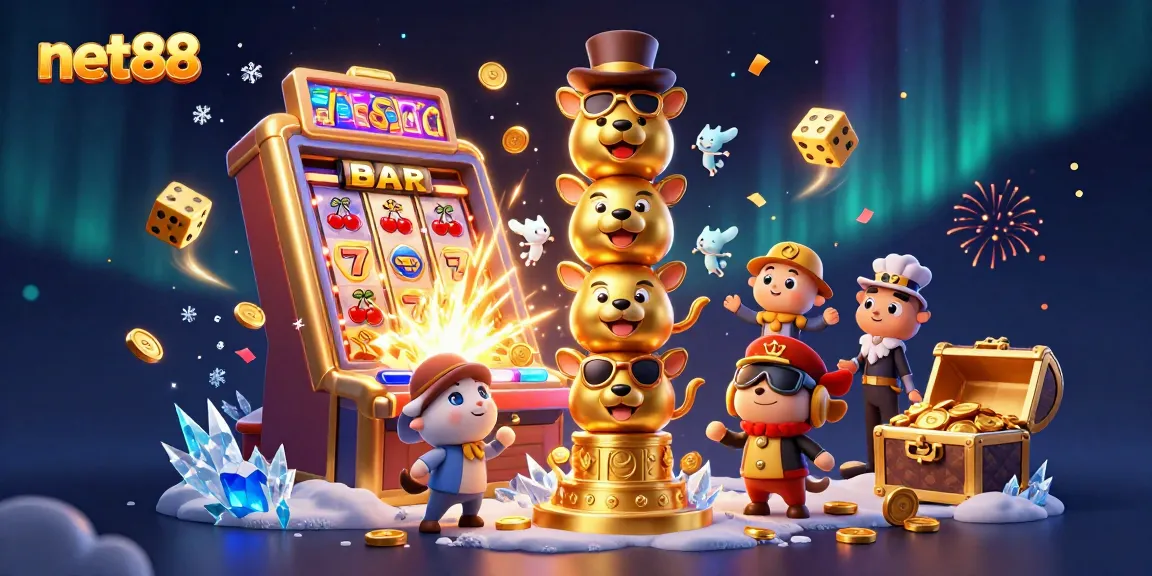 Experience net88 excitement with a vibrant 3D illustration of casino treasures and gaming action.