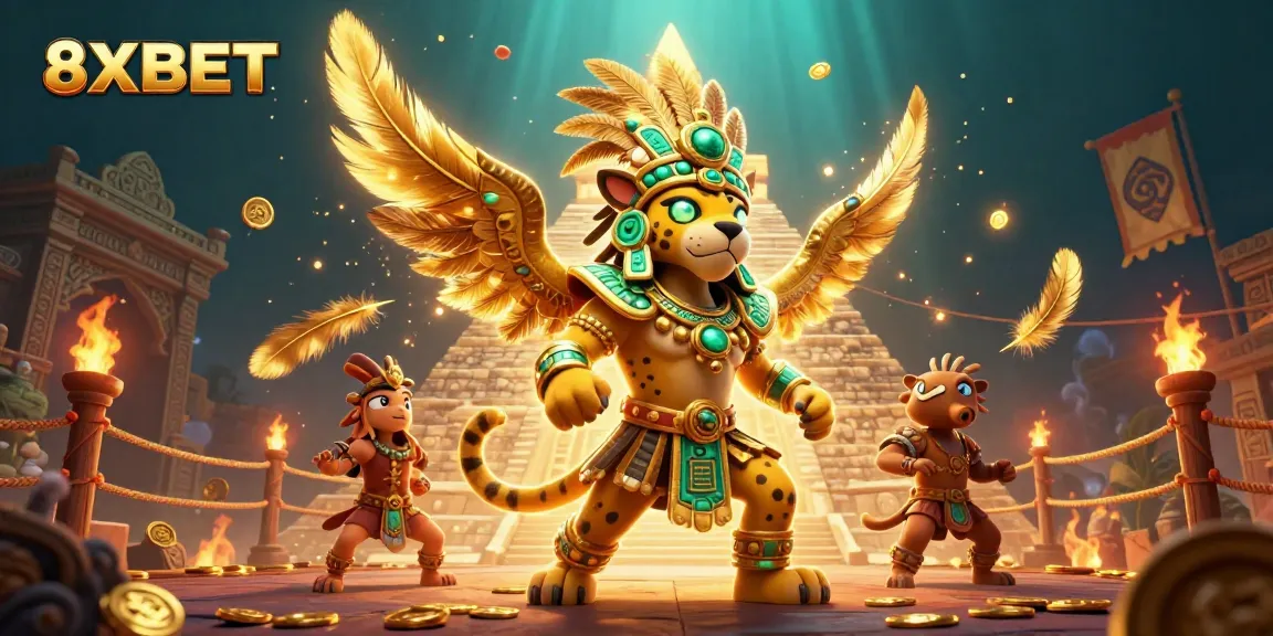 Engage with 8XBET, experiencing thrilling online gaming with golden coins and vibrant casino iconography.