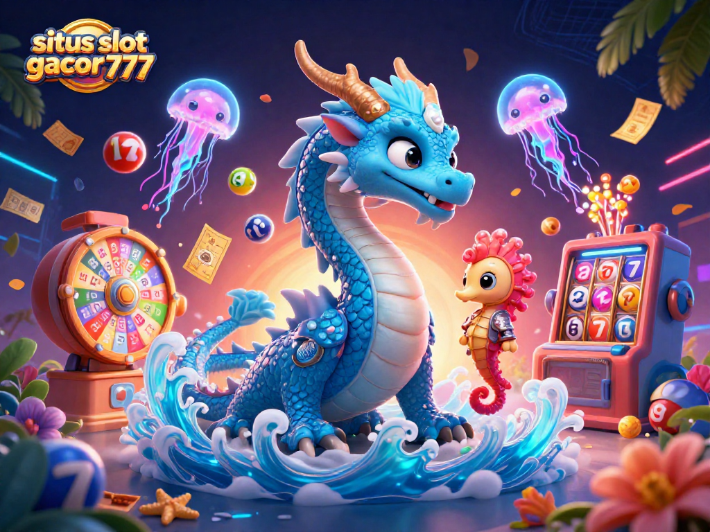 Engage with situs slot gacor 777 in vibrant 3D art featuring a water dragon, seahorse knight, and neon jellyfish.