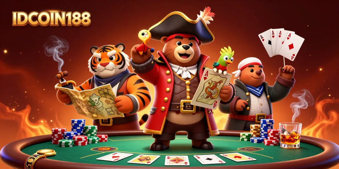 Engage with IDCOIN188 where a pirate bear and tiger navigate a bustling casino scene.