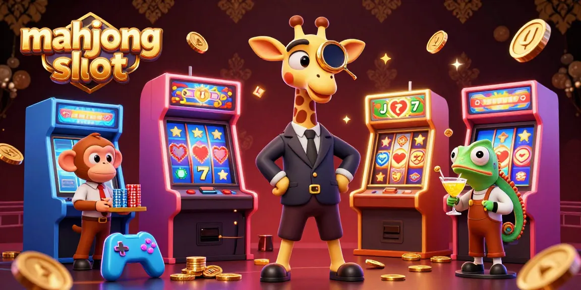 Engage with the vibrant mahjong slot scene featuring colorful characters, arcade games, and rich casino elements.