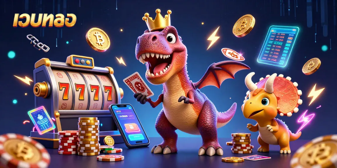 Experience exciting เว็บตรง gameplay with a friendly dinosaur dealing cards amidst vibrant casino elements.