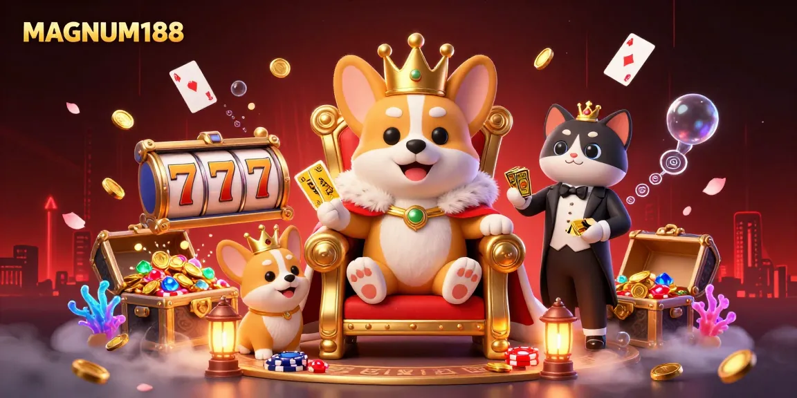 Join the MAGNUM188 royal game with corgis and treasures showcasing online slot excitement.