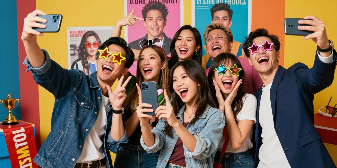 Friends taking selfies in a vibrant studio to find celebrities that look alike, reflecting joy and excitement.