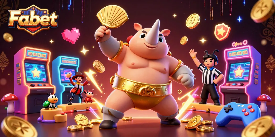 Experience thrilling casino action with Fabet as a sumo beetle champion and colorful game elements.