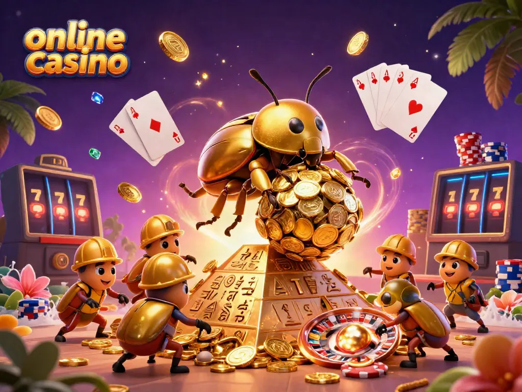 Engage in the excitement of an online casino with a vibrant 3D scene showcasing golden beetles rolling coin-filled balls.